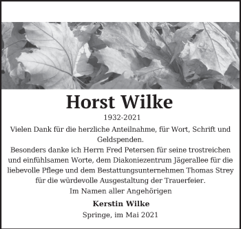 Traueranzeige von Horst Wilke von Neue Deister-Zeitung