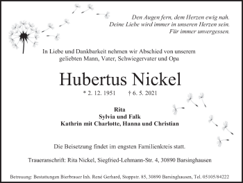 Traueranzeige von Hubertus Nickel von Neue Deister-Zeitung