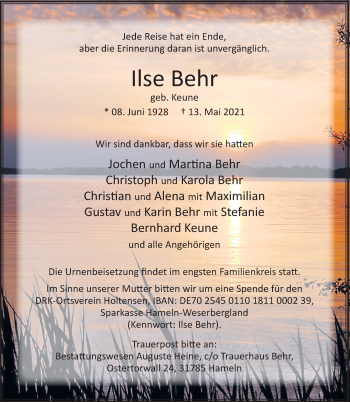 Traueranzeige von Ilse Behr von Deister- und Weserzeitung