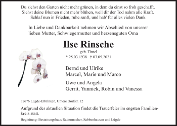 Traueranzeige von Ilse Rinsche von Deister- und Weserzeitung