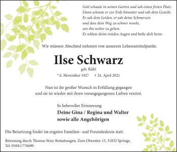 Traueranzeige von Ilse Schwarz von Neue Deister-Zeitung