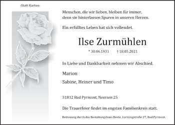 Traueranzeige von Ilse Zurmühlen von Deister- und Weserzeitung