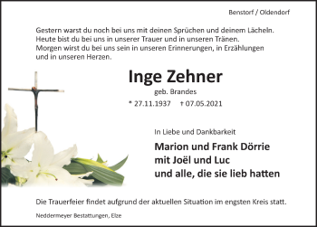 Traueranzeige von Inge Zehner von Deister- und Weserzeitung