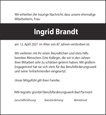 Traueranzeige von Ingrid Brandt von Deister- und Weserzeitung