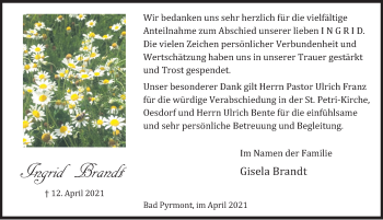 Traueranzeige von Ingrid Brandt von Deister- und Weserzeitung