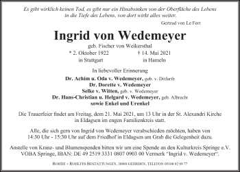 Traueranzeige von Ingrid von Wedemeyer von Neue Deister-Zeitung