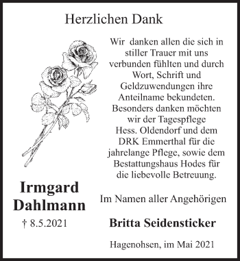 Traueranzeige von Irmgard Dahlmann von Deister- und Weserzeitung