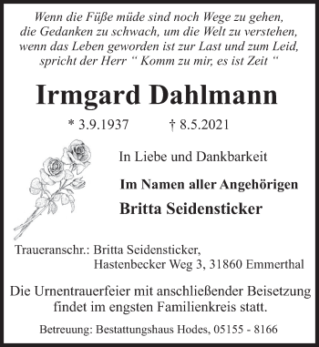 Traueranzeige von Irmgard Dahlmann von Deister- und Weserzeitung