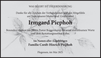 Traueranzeige von Irmgard Piephoh von Deister- und Weserzeitung