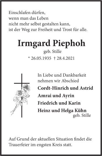 Traueranzeige von Irmgard Piephoh von Deister- und Weserzeitung