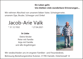 Traueranzeige von Jacob-Arie Valk von Deister- und Weserzeitung