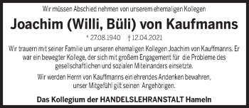 Traueranzeige von Joachim von Kaufmanns von Deister- und Weserzeitung