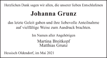 Traueranzeige von Johanna Grunz von Deister- und Weserzeitung
