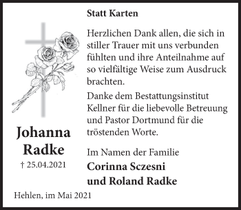 Traueranzeige von Johanna Radke von Deister- und Weserzeitung