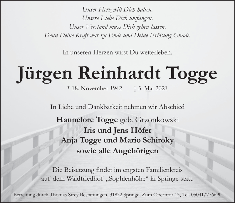  Traueranzeige für Jürgen Reinhardt Togge vom 15.05.2021 aus Neue Deister-Zeitung