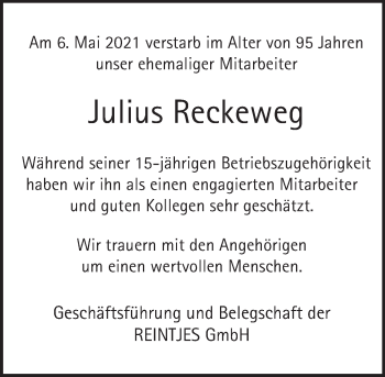 Traueranzeige von Julius Reckeweg von Deister- und Weserzeitung