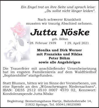 Traueranzeige von Jutta Nöske von Neue Deister-Zeitung