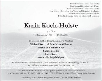 Traueranzeige von Karin Koch-Holste von Neue Deister-Zeitung