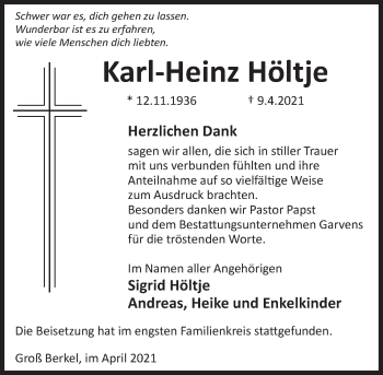 Traueranzeige von Karl-Heinz Höltje von Deister- und Weserzeitung