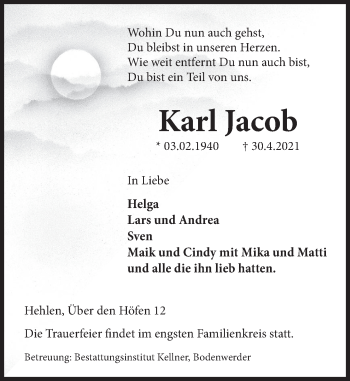 Traueranzeige von Karl Jacob von Deister- und Weserzeitung