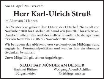 Traueranzeige von Karl-Ulrich Struß von Neue Deister-Zeitung