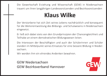 Traueranzeige von Klaus Wilke von Deister- und Weserzeitung