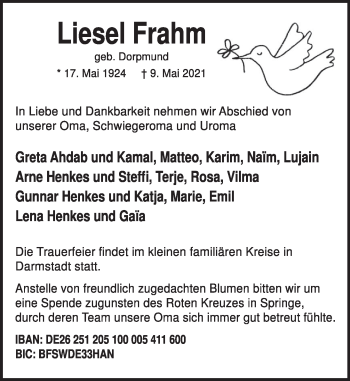 Traueranzeige von Liesel Frahm von Neue Deister-Zeitung