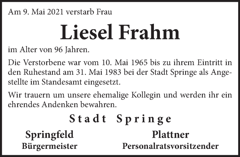  Traueranzeige für Liesel Frahm vom 28.05.2021 aus Neue Deister-Zeitung