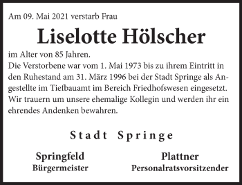 Traueranzeige von Lieselotte Hölscher von Neue Deister-Zeitung