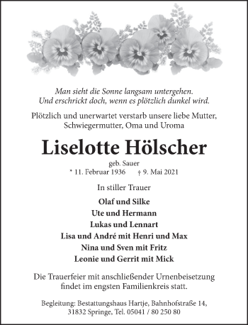 Traueranzeige von Liselotte Hölscher von Neue Deister-Zeitung