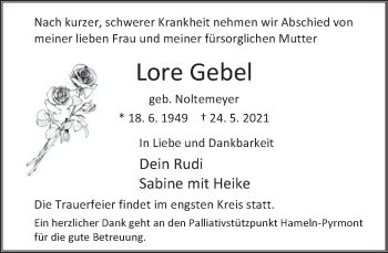 Traueranzeige von Lore Gebel von Deister- und Weserzeitung