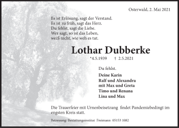 Traueranzeige von Lothar Dubberke von Deister- und Weserzeitung