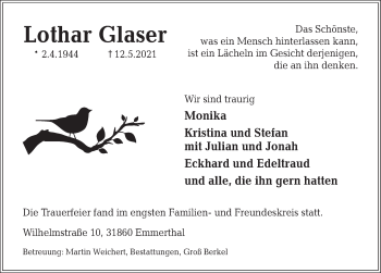 Traueranzeige von Lothar Glaser von Deister- und Weserzeitung