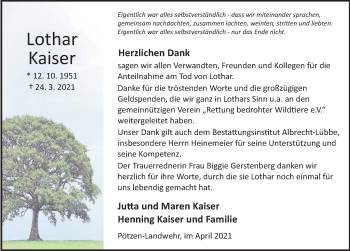 Traueranzeige von Lothar Kaiser von Deister- und Weserzeitung
