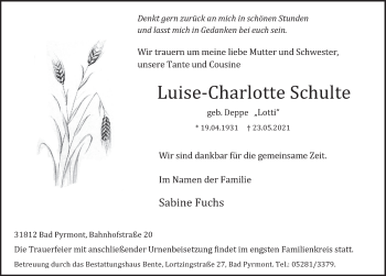 Traueranzeige von Luise-Charlotte Schulte von Deister- und Weserzeitung