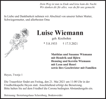 Traueranzeige von Luise Wiemann von Deister- und Weserzeitung