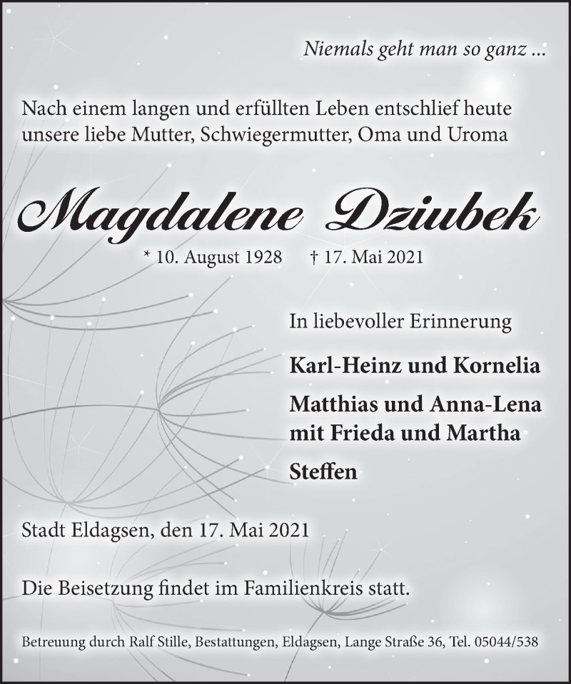  Traueranzeige für Magdalene Dziubek vom 22.05.2021 aus Neue Deister-Zeitung