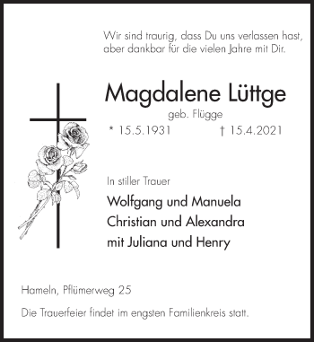 Traueranzeige von Magdalene Lüttge von Deister- und Weserzeitung