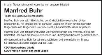 Traueranzeige von Manfred Buhr von Deister- und Weserzeitung