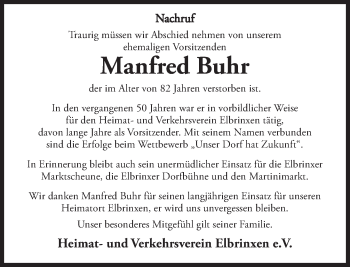 Traueranzeige von Manfred Buhr von Deister- und Weserzeitung