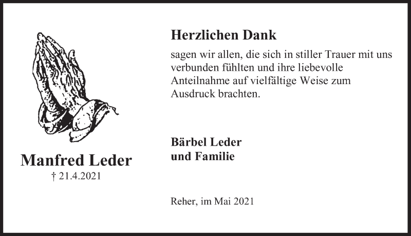  Traueranzeige für Manfred Leder vom 22.05.2021 aus Deister- und Weserzeitung