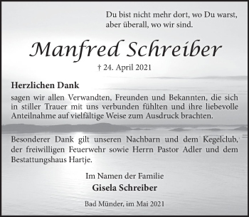 Traueranzeige von Manfred Schreiber von Neue Deister-Zeitung