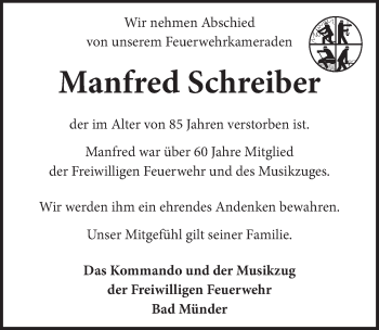 Traueranzeige von Manfred Schreiber von Neue Deister-Zeitung