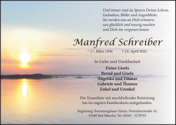 Traueranzeige von Manfred Schreiber von Neue Deister-Zeitung