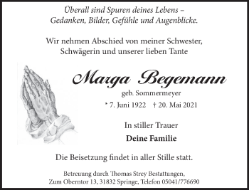 Traueranzeige von Marga Begemann von Neue Deister-Zeitung