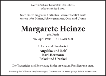 Traueranzeige von Margarete Heinze von Neue Deister-Zeitung