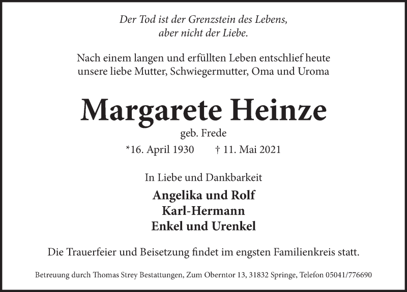 Traueranzeige für Margarete Heinze vom 19.05.2021 aus Neue Deister-Zeitung