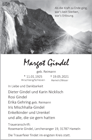 Traueranzeige von Margot Gindel von Deister- und Weserzeitung