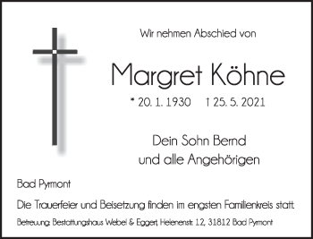 Traueranzeige von Margret Köhne von Deister- und Weserzeitung