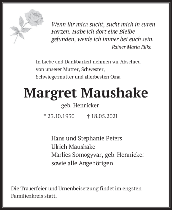 Traueranzeige von Margret Maushake von Deister- und Weserzeitung